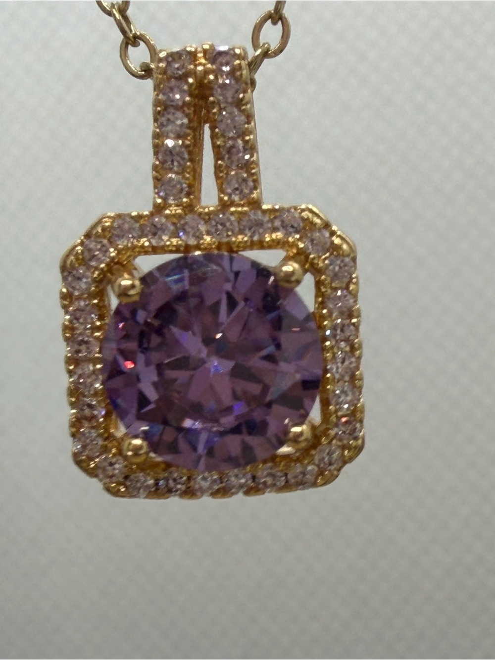 Gold-Plated Necklace with Purple Center Stone and Pave Halo